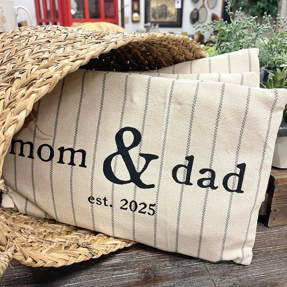 NEW Mud Pie Cream Striped Mon & Dad Accent Pillow